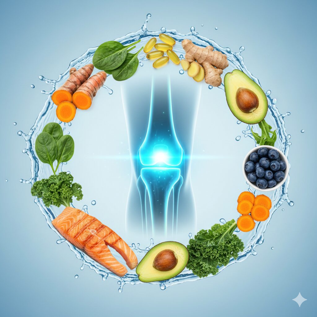 Image 1: A close-up shot of fresh ingredients known for joint health, such as ginger, turmeric root, and a piece of salmon, arranged attractively on a wooden cutting board.