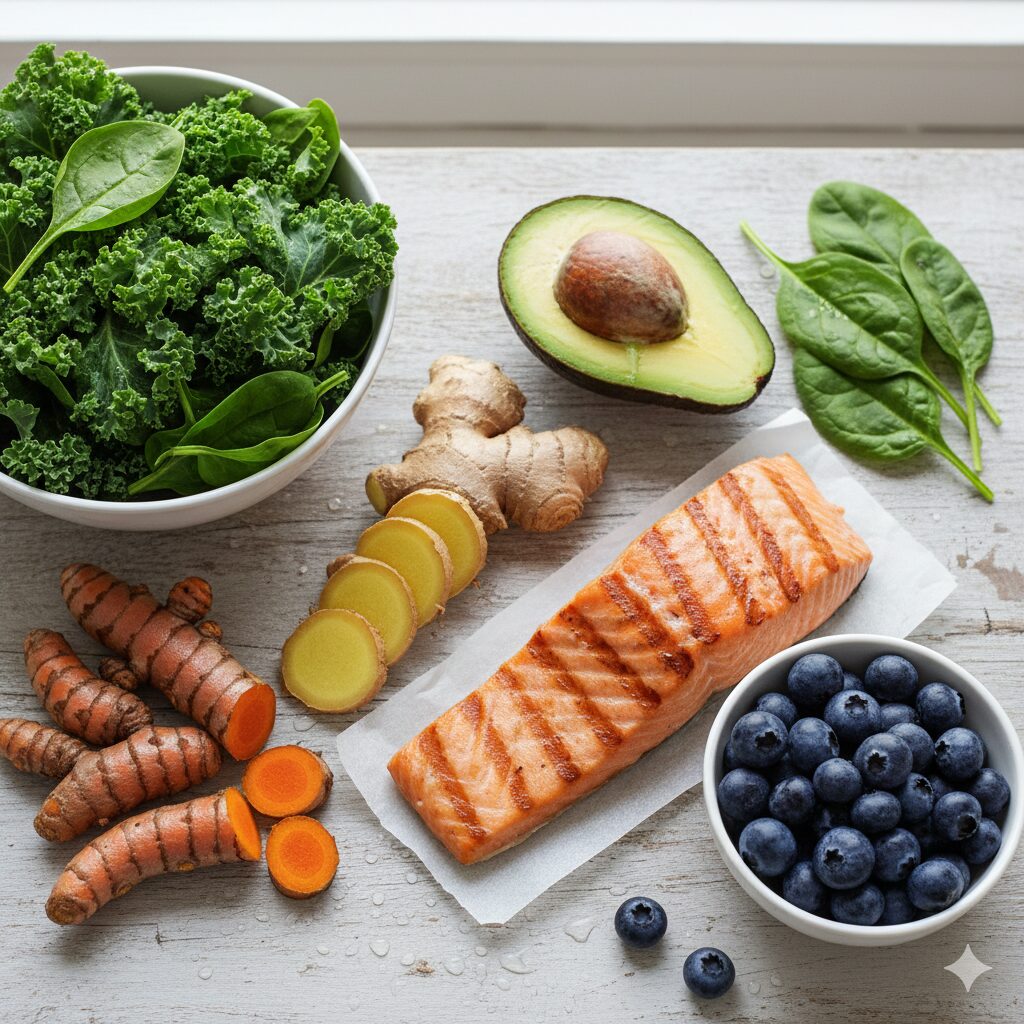 A flat lay or overhead shot of fresh, joint-friendly foods: bright orange turmeric root, sliced fresh ginger, a piece of grilled salmon, and green leafy vegetables. The setting is a clean, rustic wooden table in bright, natural light. Focus on freshness and anti-inflammatory ingredients.
