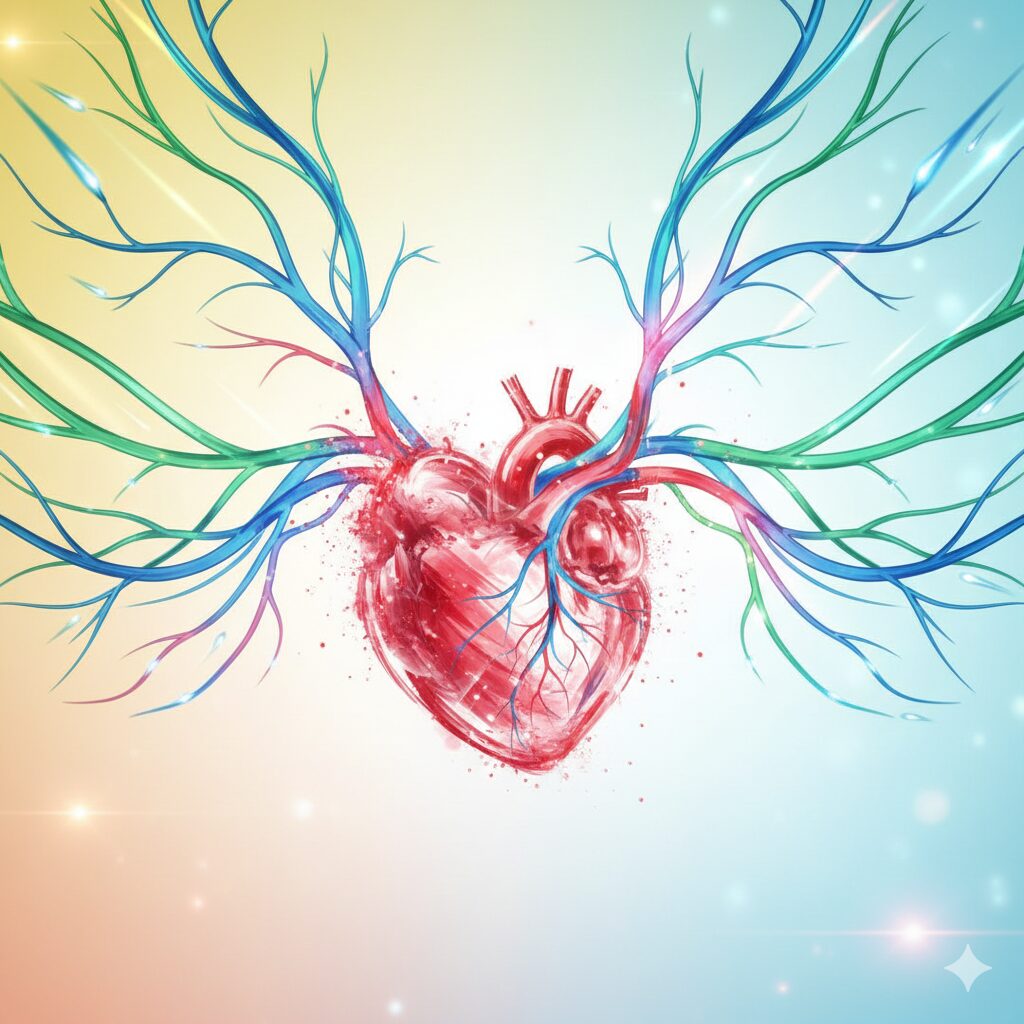 Image 6: A bright, positive image symbolizing a healthy heart and clean blood vessels. A design abstractly incorporating a heart shape and blood vessel patterns.