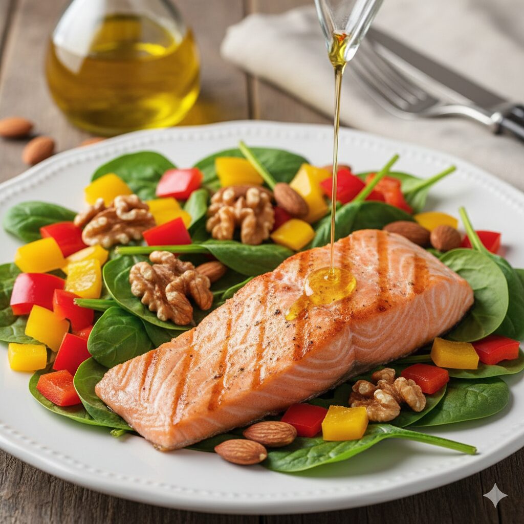 Image 4: A visually balanced meal emphasizing fresh vegetables, fish, and a drizzle of olive oil on a plate, symbolizing healthy dietary choices.