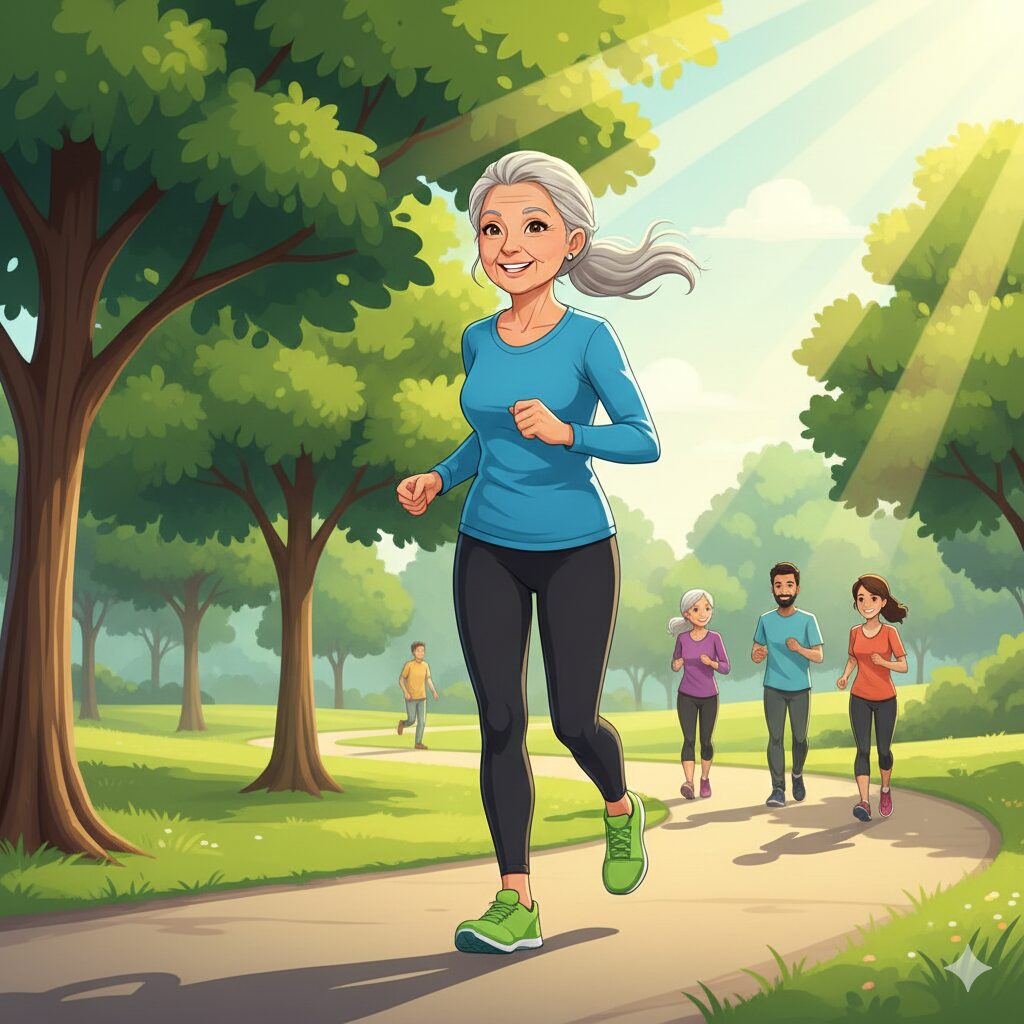 Image 3: An illustration of middle-aged individuals engaging in a cheerful walk or light jog, emphasizing active movement and highlighting footwear.