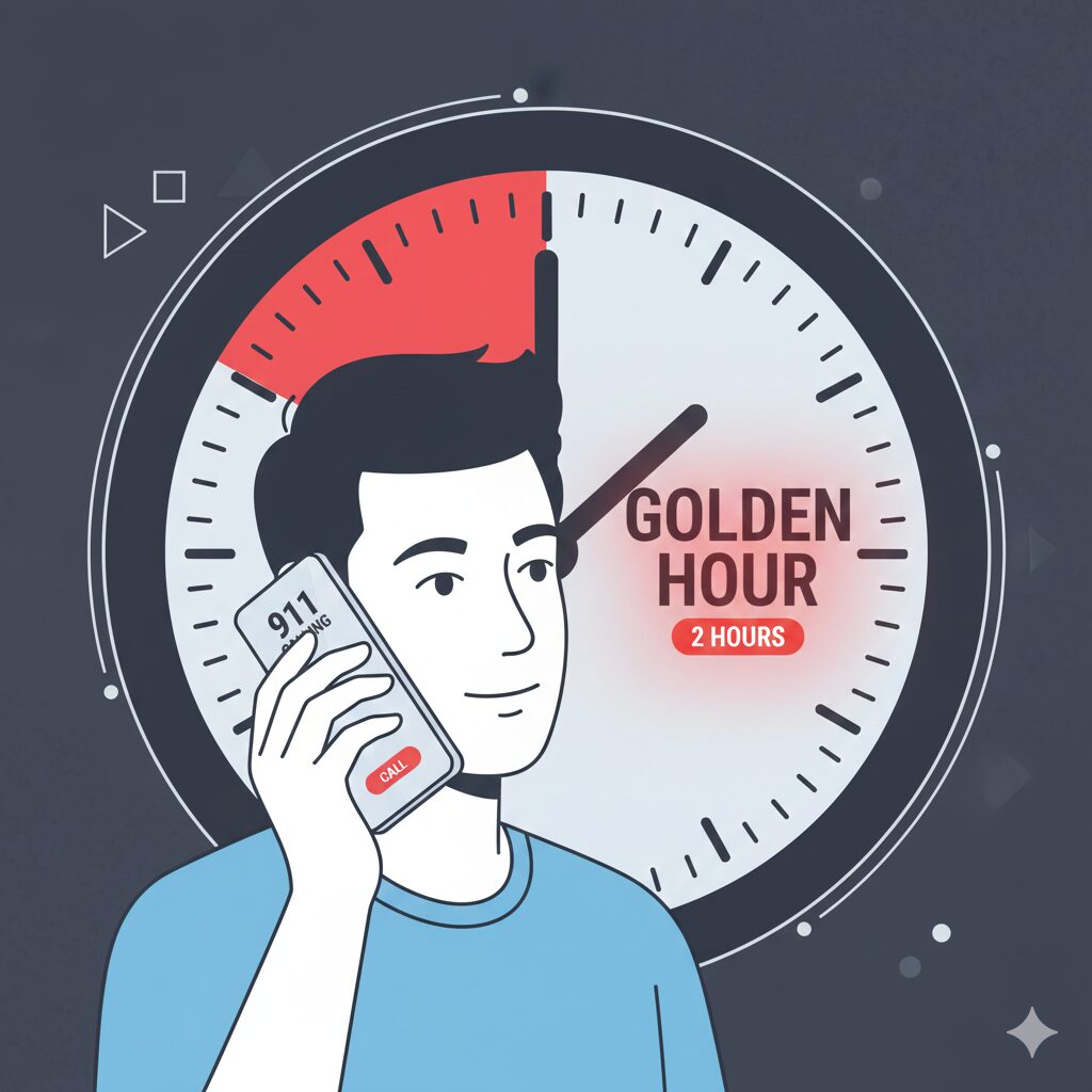 Image 2: An illustration emphasizing the 'Golden Hour of 2 Hours' for a heart attack, showing someone calmly calling 911/119, highlighting the importance of quick, calm action.