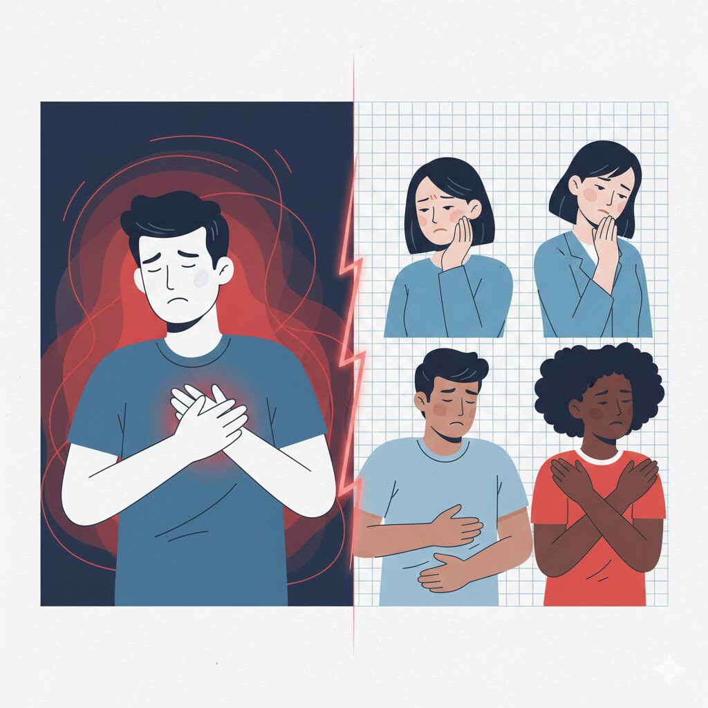 Image 1: A visual contrast between a person clutching their chest with typical angina, and others experiencing non-traditional symptoms like indigestion, jaw pain, and left shoulder pain.