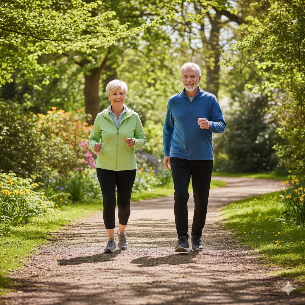 Image 5: A person enjoying a daytime walk in a park to improve blood circulation in their legs.
