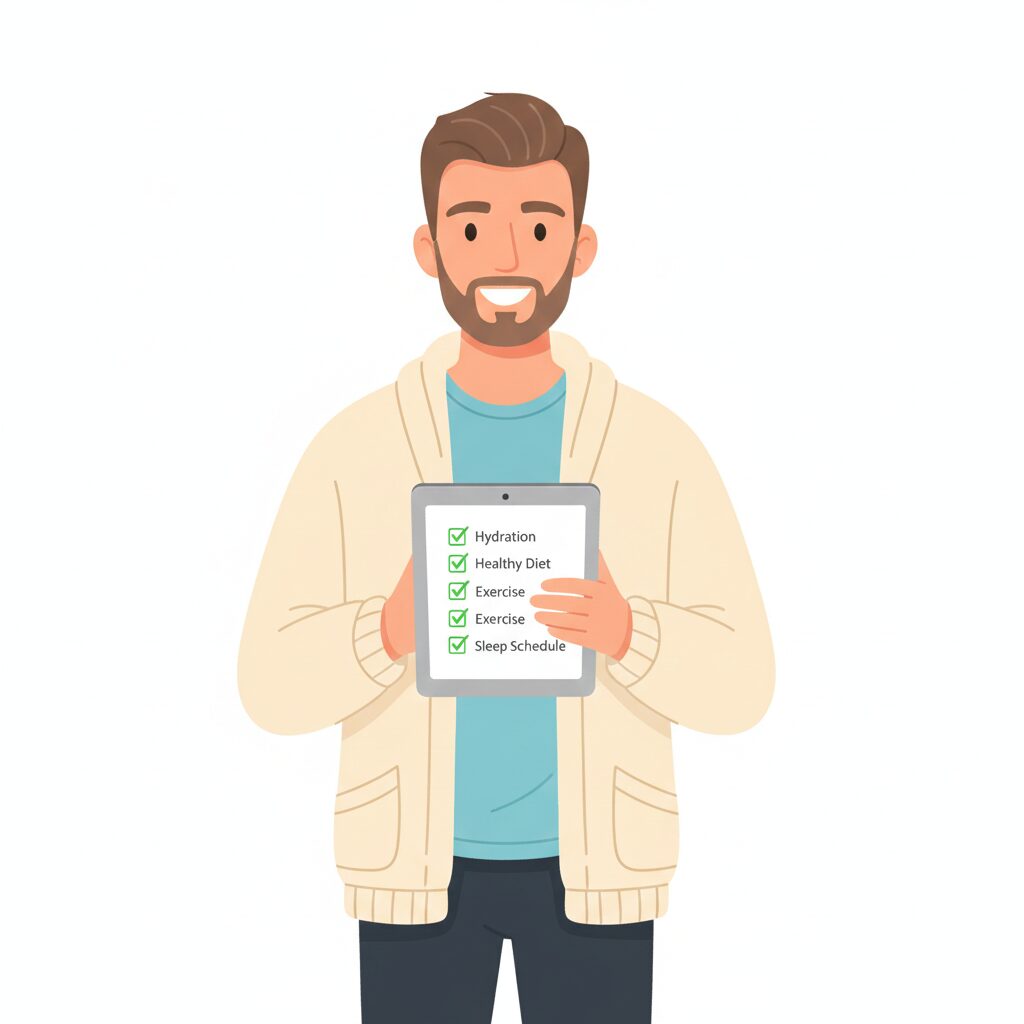 Image 2: A kind-looking blogger character carefully reading a checklist and counting on their fingers.