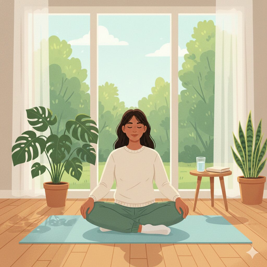 Image 4: A person sitting comfortably in a living room practicing Kegel exercises with good posture.