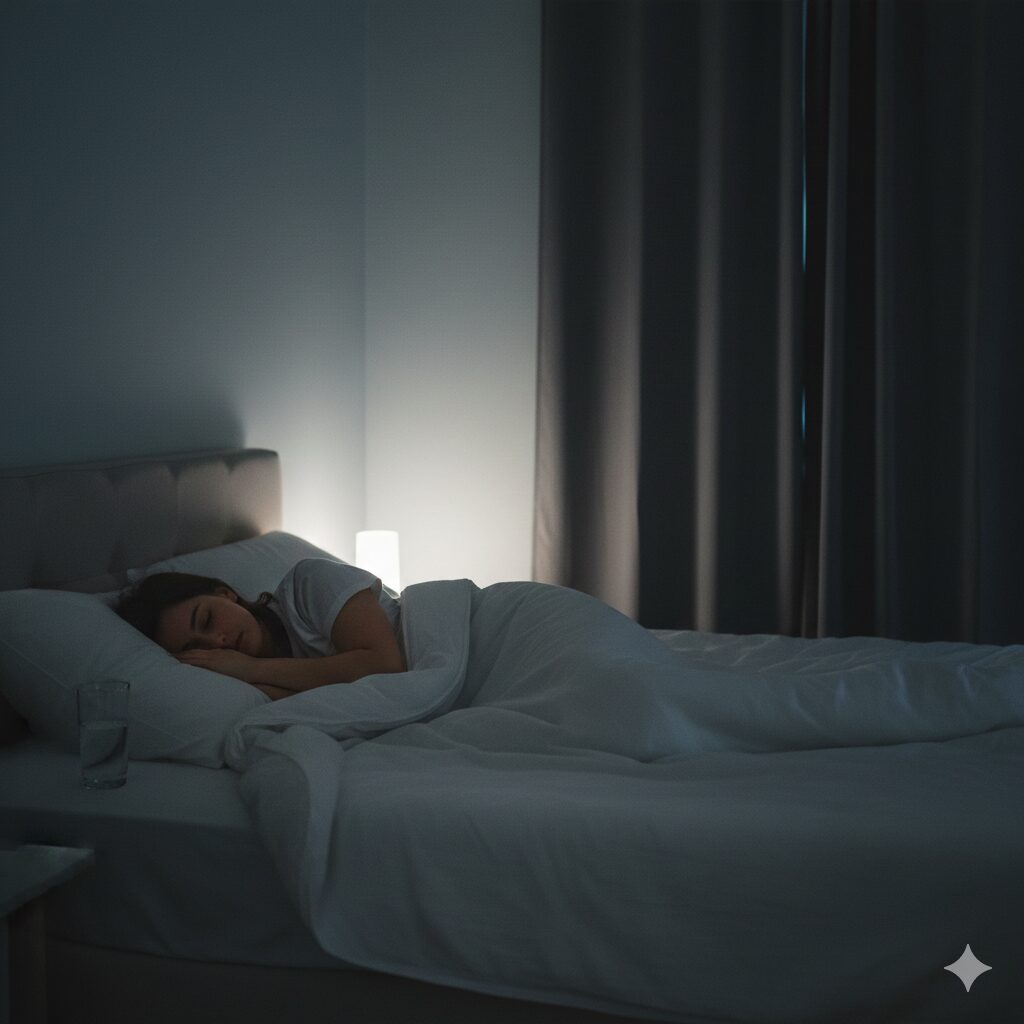 Image 5: A person sleeping peacefully in a clean, organized bedroom. (Dark and calm sleeping environment)