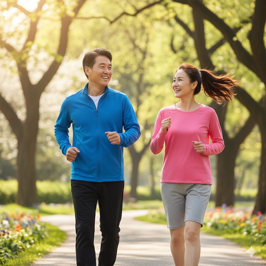 Image 4: A person walking briskly or doing light stretching in a park or near their home. (Joyful and energetic look)