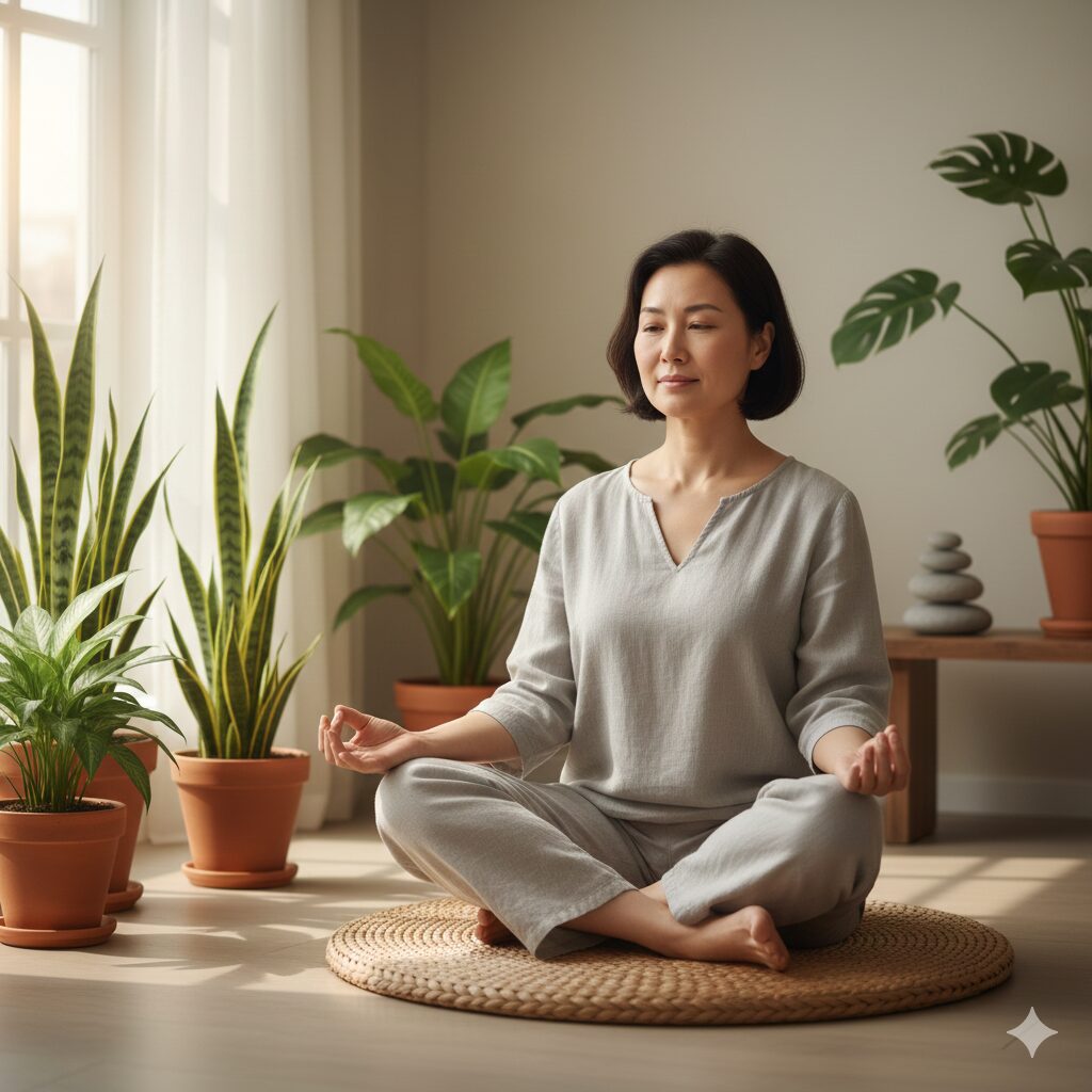 Image 3: A person meditating or doing deep breathing exercises in a peaceful indoor setting or nature. (Calm and stable atmosphere)
