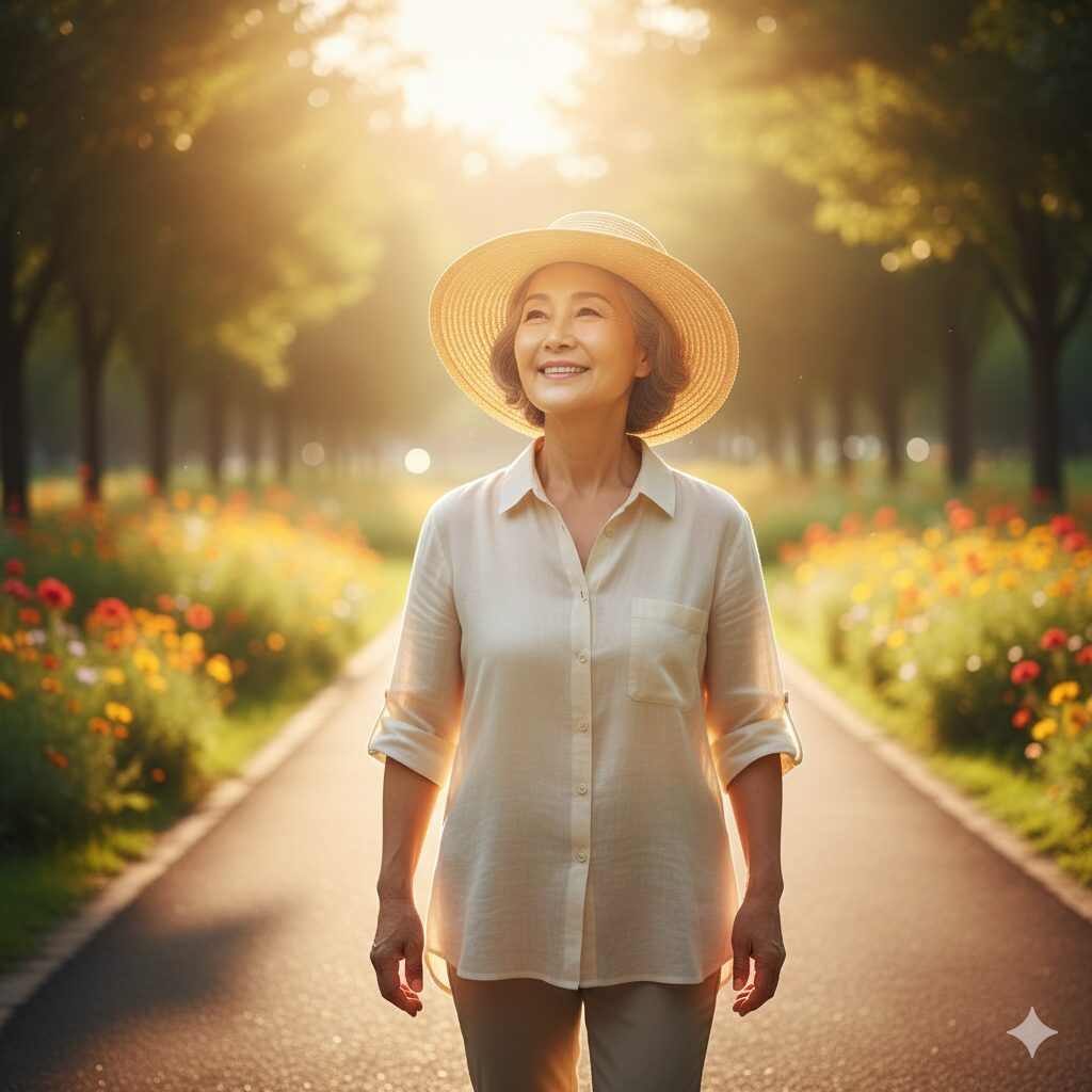 Image 2: A person enjoying a light walk or sitting comfortably in the bright sunlight outdoors. (Warm and healthy feeling)