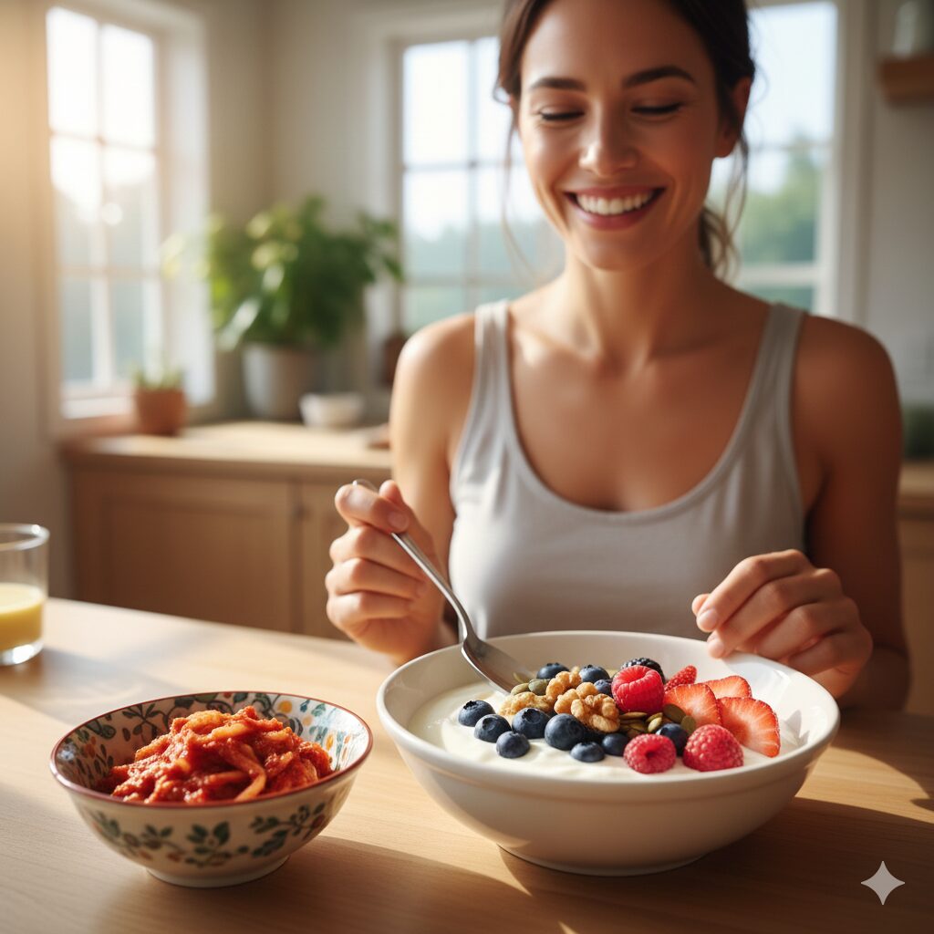 Image 1: A person smiling brightly while sitting at a table filled with fresh vegetables and fermented foods (e.g., yogurt, kimchi, or sauerkraut). (Food should look bright and vibrant)
