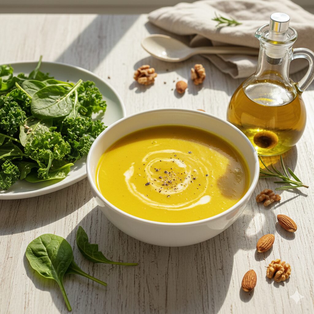 Image 3 - A vibrant, healthy meal featuring colorful vegetables, turmeric-seasoned food, and olive oil.