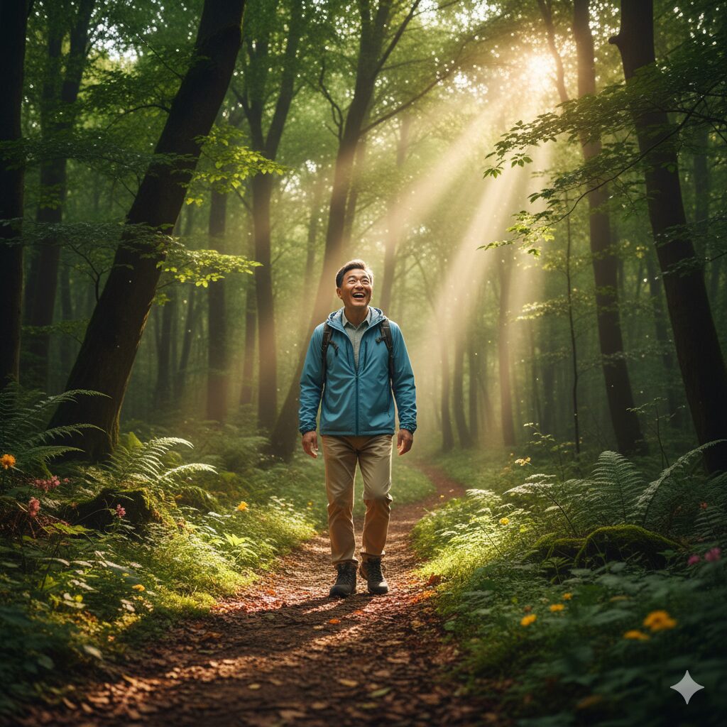Image 4 - A person happily walking on a beautiful, unfamiliar trail, enjoying the new scenery.