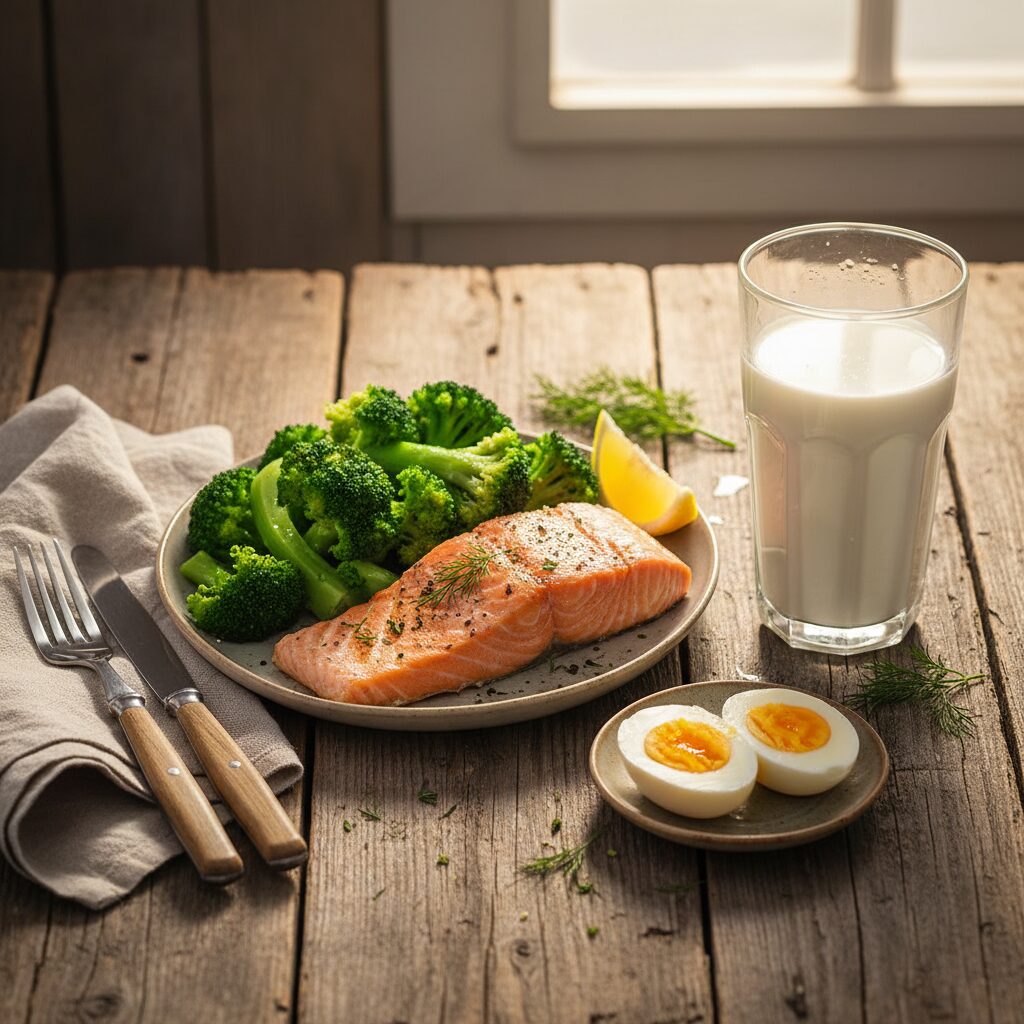 이미지 3 - A healthy, colorful meal featuring grilled salmon, steamed broccoli, and a glass of milk on a wooden table.