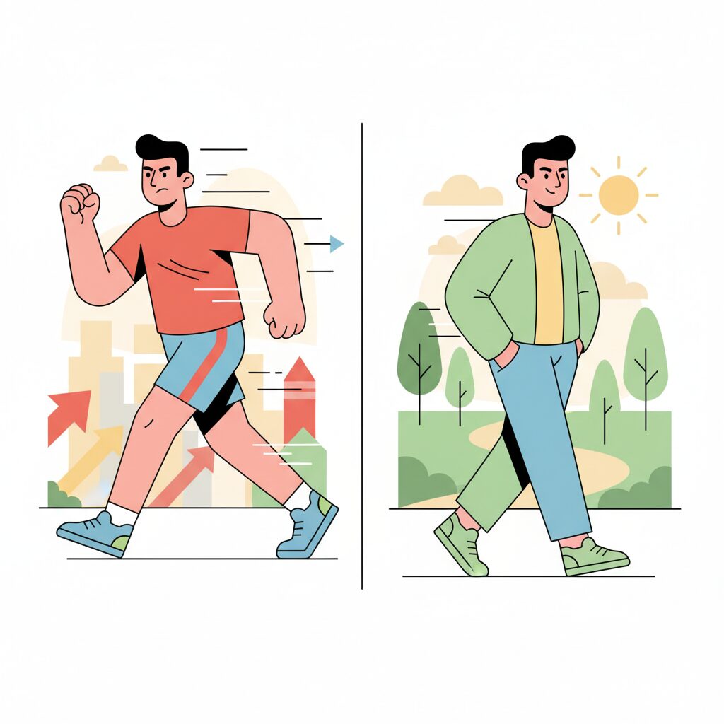 이미지 2 - A split illustration showing a person walking energetically with a timer on the left and walking relaxedly on the right.