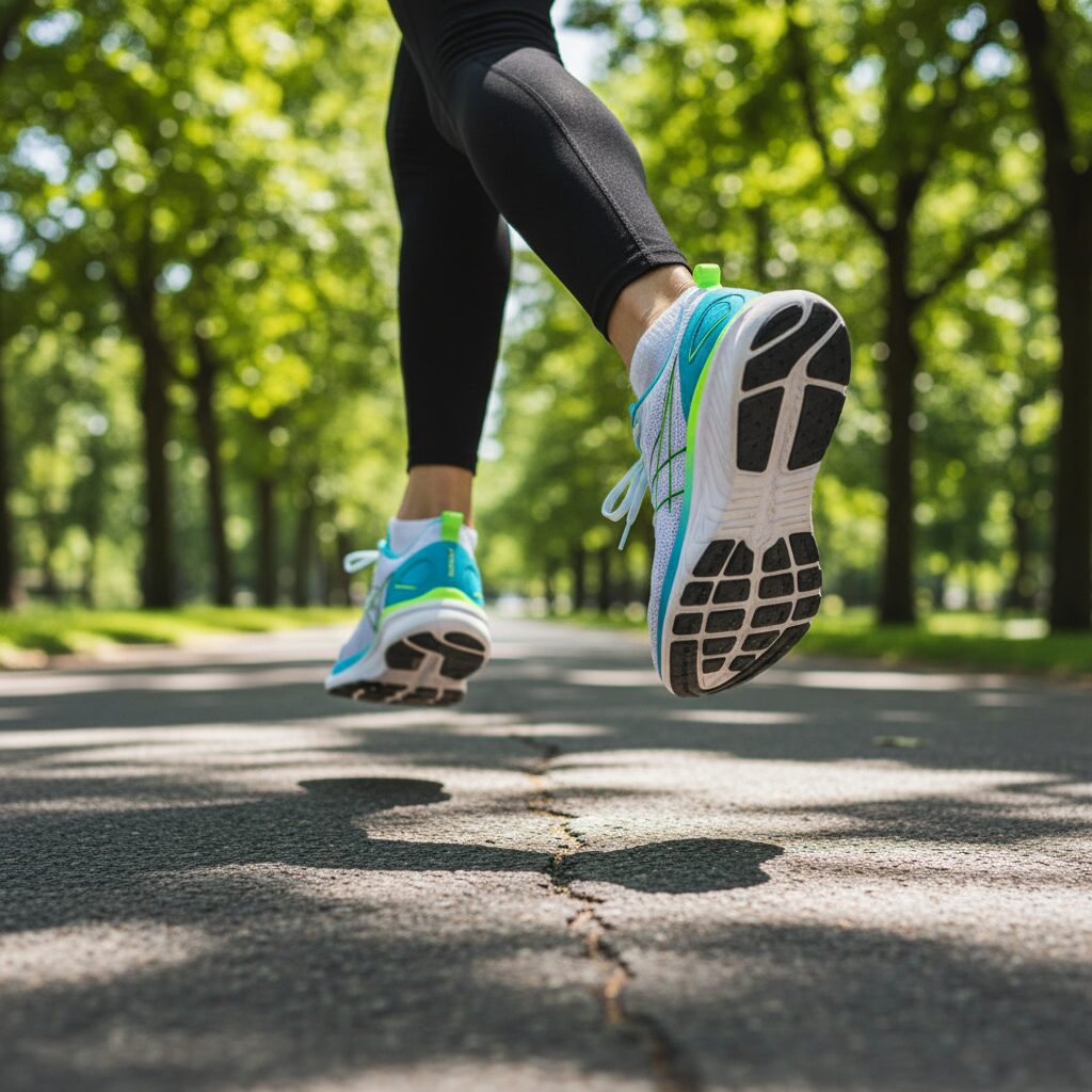 이미지 1 - A close-up of a person's legs in vibrant running shoes walking briskly on a sunlit park path.