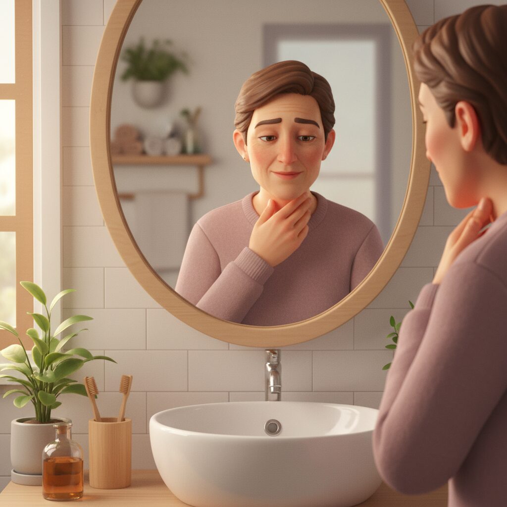 Image 2 - A person sitting upright, looking in a mirror while timing themselves and feeling their throat to count swallows.