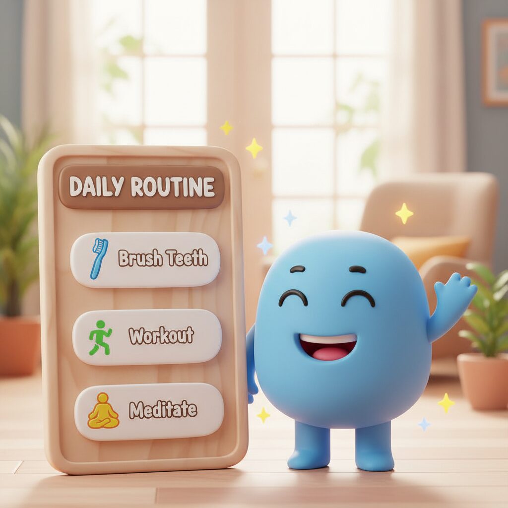 Image 7 - Cooldy waving goodbye with a warm smile, standing next to a checklist that says 'Brush, Exercise, Sit Up!'