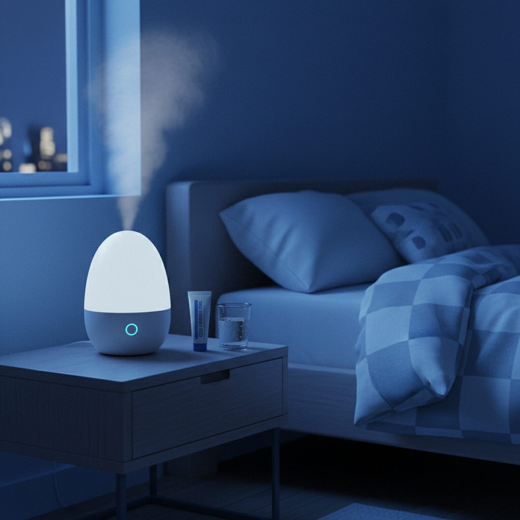 Image 6 - A person applying a small amount of oral gel and turning on a bedside humidifier before going to sleep.