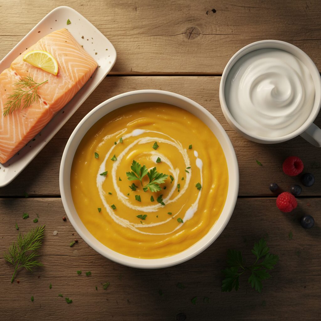 Image 5 - A beautiful spread of 'lung-friendly' foods like creamy vegetable soup, Greek yogurt with honey, and soft-cooked salmon.