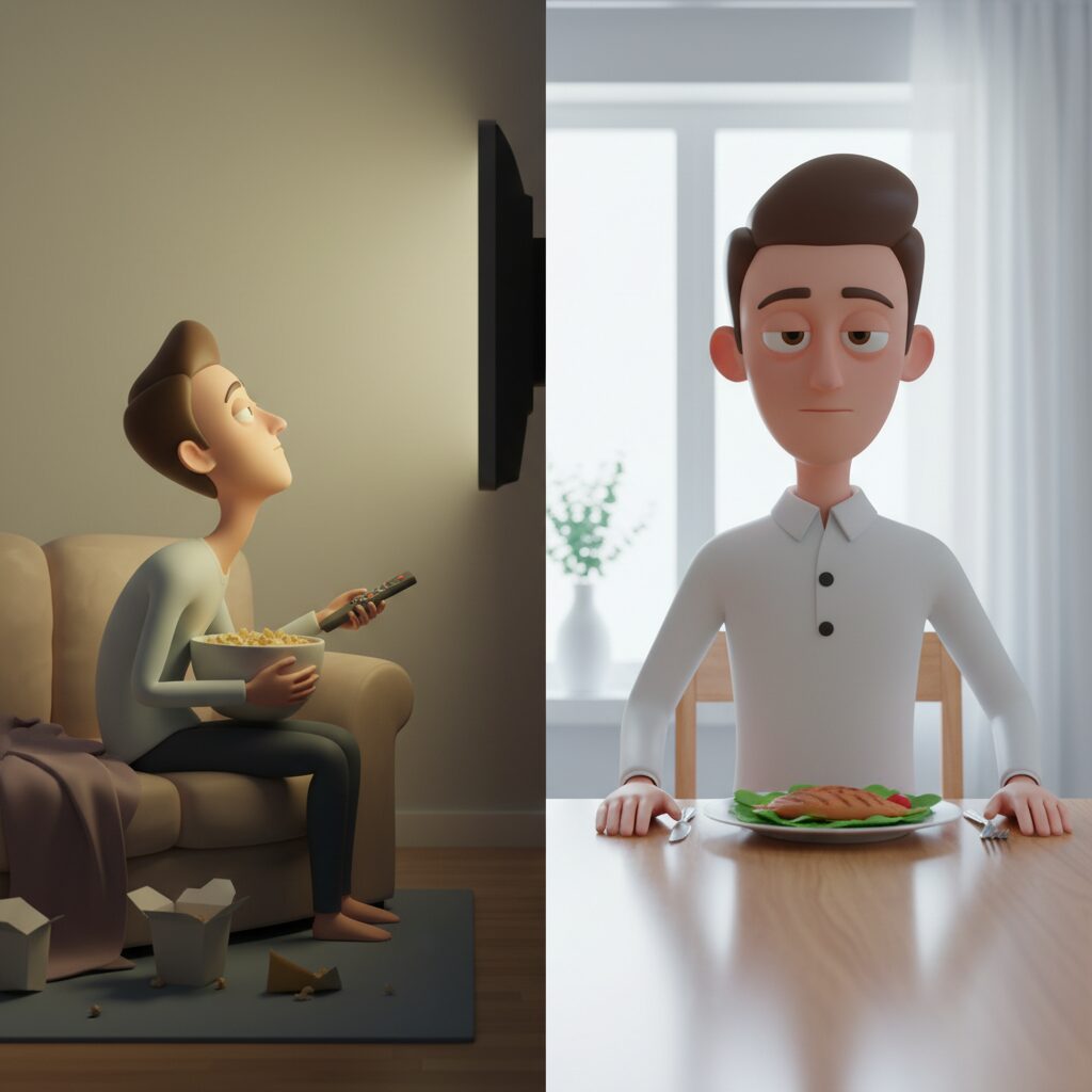 Image 4 - A side-by-side comparison showing a 'Red X' over someone eating while leaning back and a 'Green Check' over someone sitting straight with their chin slightly tucked.