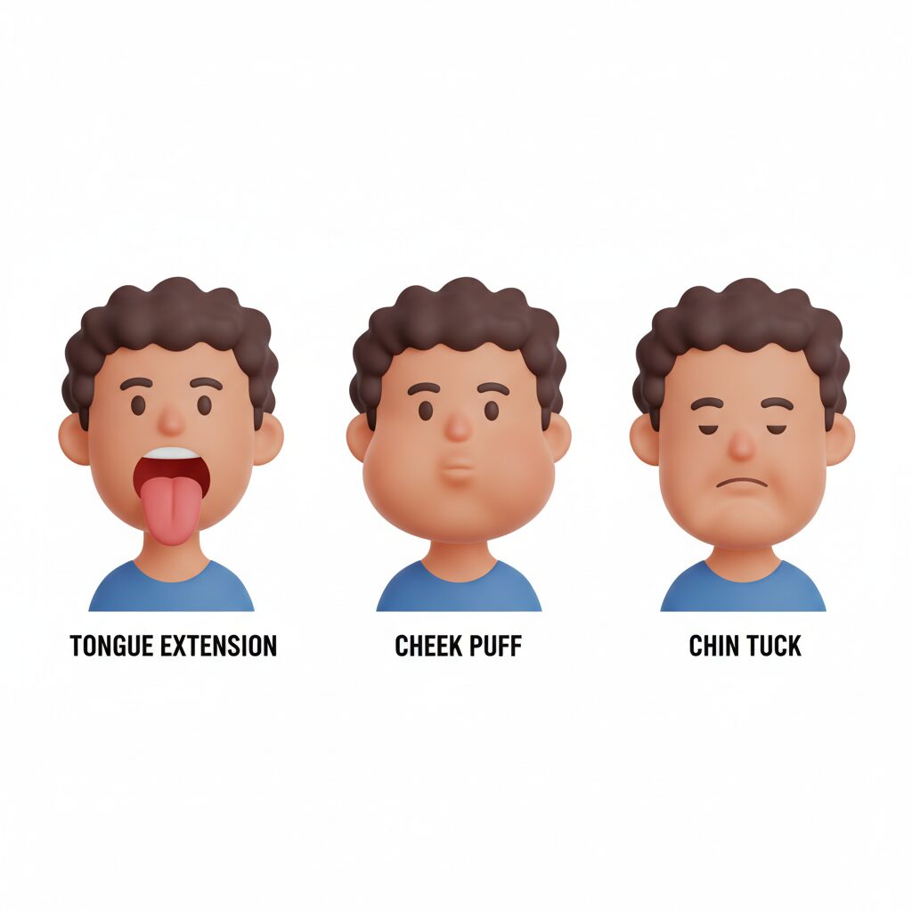 Image 3 - A cheerful infographic showing a person performing tongue stretches and the 'puffer fish' cheek exercise with step-by-step arrows.