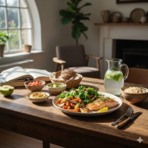 Image 1 : A beautifully arranged table featuring a variety of colorful vegetables, grilled salmon, and a small portion of brown rice in a cozy, sunlit dining room.