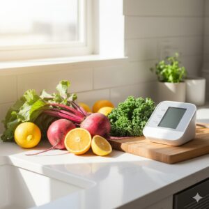 이미지 1 - A vibrant kitchen counter filled with fresh, colorful vegetables, a wooden cutting board, and a blood pressure monitor placed neatly to the side.