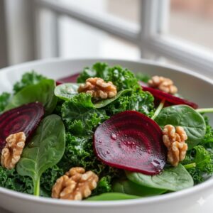 이미지 2 - A close-up shot of a fresh green salad featuring spinach, kale, and sliced beets, topped with a few walnuts.