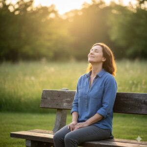 이미지 3 - A peaceful scene of a person sitting on a park bench, eyes closed, soaking in the gentle morning sunlight with a calm expression.