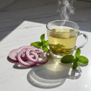 A fresh red onion sliced thinly next to a glass of green tea