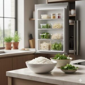 Healthy cold rice bowl with fresh greens