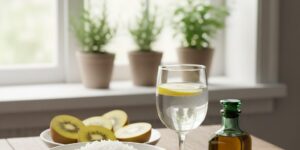 Image 2 - Sliced fresh golden kiwis next to a small bottle of premium extra virgin olive oil.