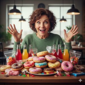 Image 1 - A person looking surprised at a variety of sugary snacks and sodas, symbolizing the hidden causes of fatty liver.