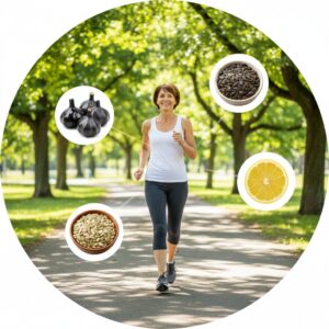 Worn Out Lately? 5 Energy-Boosting Foods That Actually Work for Seniors 4 이미지 4 - A vibrant summary image featuring a person walking energetically in a park, surrounded by icons of superfoods like black garlic and watermelon seeds.