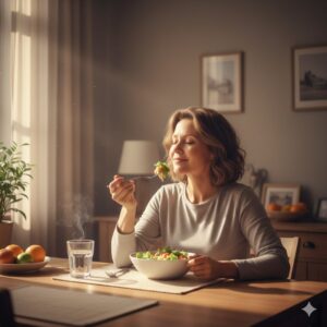 Worn Out Lately? 5 Energy-Boosting Foods That Actually Work for Seniors 3 이미지 3 - An illustration showing a peaceful dining setting where a person is mindfully chewing their food, emphasizing the process of slow eating.