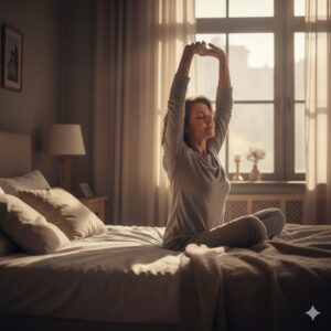 Worn Out Lately? 5 Energy-Boosting Foods That Actually Work for Seniors 1 이미지 1 - A person stretching toward a bright morning sun but looking slightly fatigued, in a warm illustrative style.