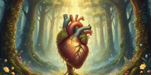 Image 1: A warm, artistic illustration of a glowing, healthy heart pulsing inside a serene morning forest.