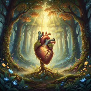 Image 1: A warm, artistic illustration of a glowing, healthy heart pulsing inside a serene morning forest.