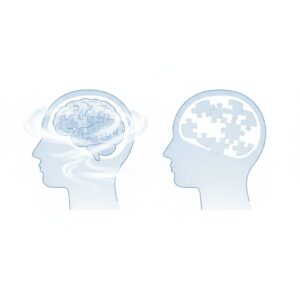 Image 2 - An infographic comparing a brain with clear puzzle pieces (Depression/Pseudodementia) vs. a brain where puzzle pieces are fading away (Dementia).