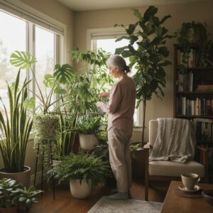 Image 5 : A person tending to a small indoor garden (planterior) in a corner of their living room, finding emotional calm through nature.