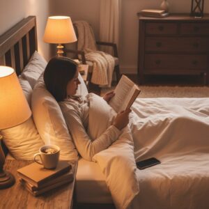 Image 4 : A cozy bedroom scene where a person is winding down with a cup of tea and a book instead of a smartphone.