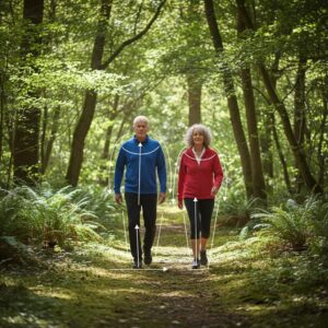 Image 3 : A person walking with good posture on a lush forest trail, with an infographic overlay showing safe angles for knees and back.