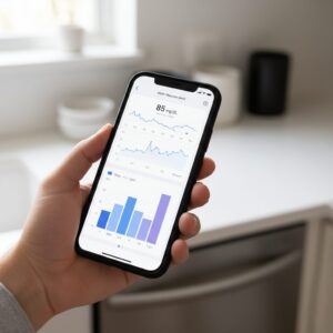 Image 2 : A close-up of a hand using a smartphone app to analyze real-time glucose changes and sleep pattern graphs.