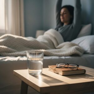 Image 2: A glass of clear water on a bedside table with soft morning light, symbolizing a healthy start to the day.