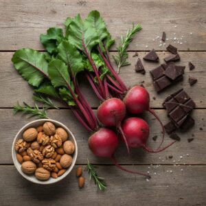 Image 5: A beautiful flat-lay photo of heart-healthy foods: dark chocolate, vibrant red beets, and a bowl of walnuts.