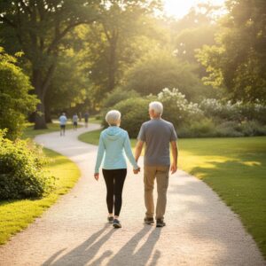 Image 6: An older couple walking briskly and laughing in a sun-drenched park, symbolizing a vibrant, heart-healthy future.