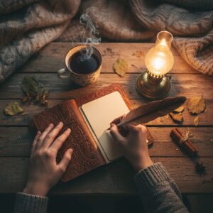 Image 5 - A close-up of a hand writing in a beautiful journal next to a steaming cup of herbal tea under warm indoor lighting.