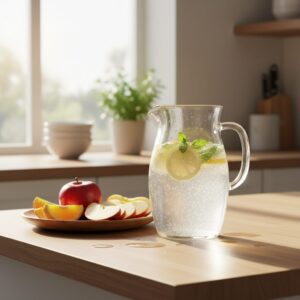 이미지 3 - A beautiful, sunny kitchen counter filled with fresh lemons, mint leaves, and a glass pitcher of sparkling water.