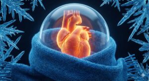Image 1 - A conceptual illustration showing a glowing red heart protected by a warm scarf, with stylized blue frost crystals in the background symbolizing the external cold.